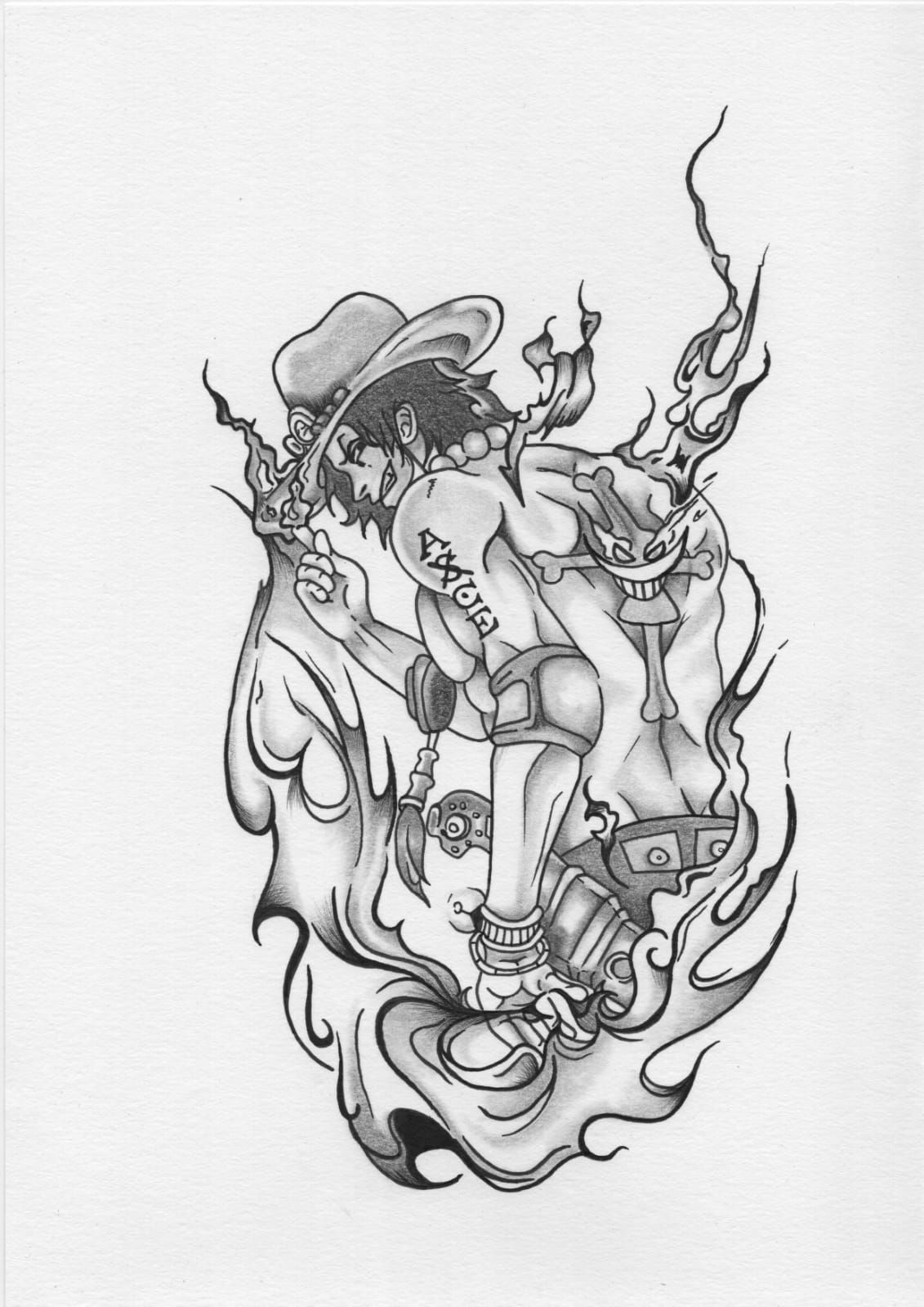 A figure engulfed in flames, wearing a hat, with a tattoo on his back and posing in action.