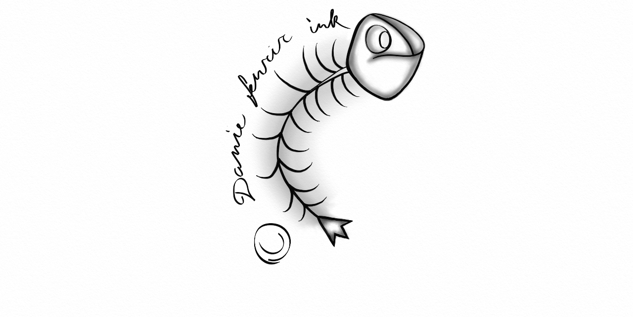 Illustration of a fish skeleton with curved spine, shaded with 