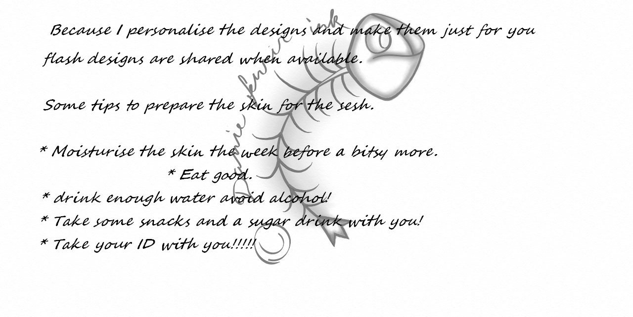 Text with advice for a tattoo, accompanied by a stylized fish skeleton illustration.