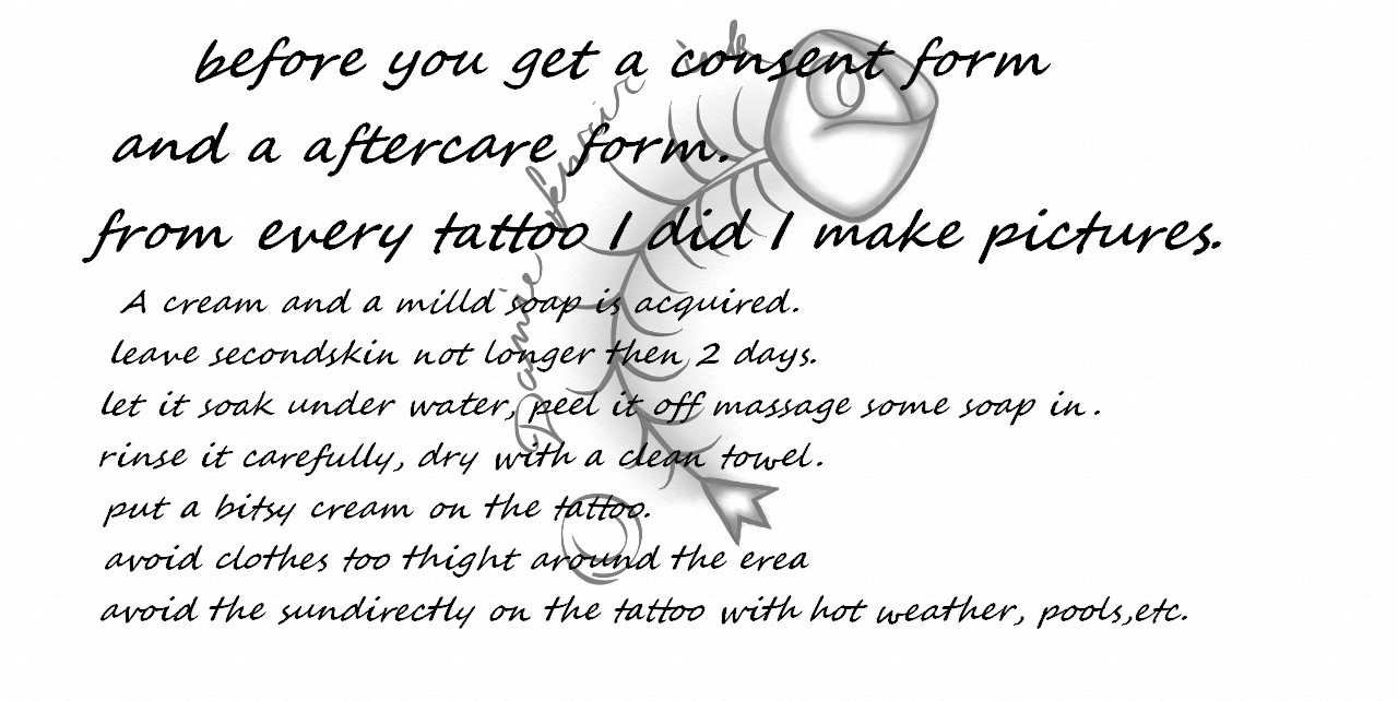Text on tattoo aftercare instructions, with a fishbone graphic.