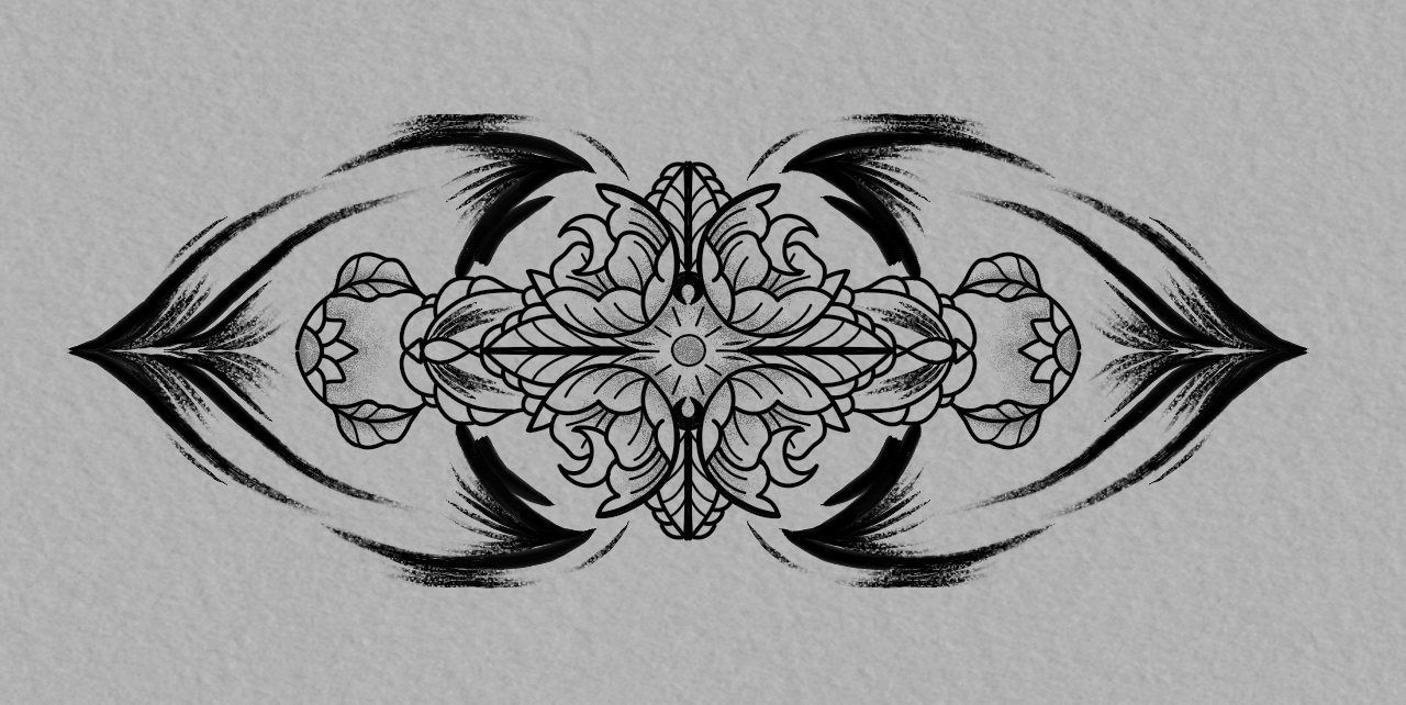 Symmetrical floral design with stylized leaves and petals, rendered in black on a gray background.