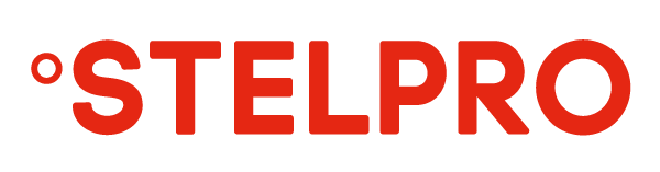 Un logo rouge et blanc pour stelpro sur fond blanc