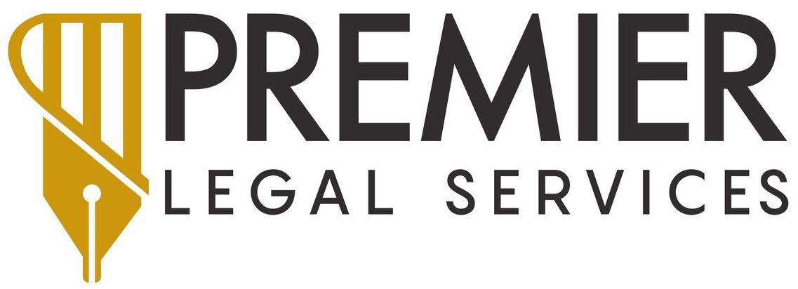 A logo for premier legal services with a pen in the middle.