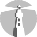 A black and white drawing of a lighthouse in a circle.