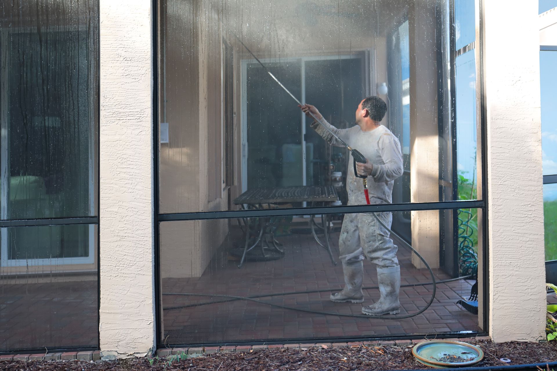 Man using a power washer to clean the screens and frames of a patio enclosure