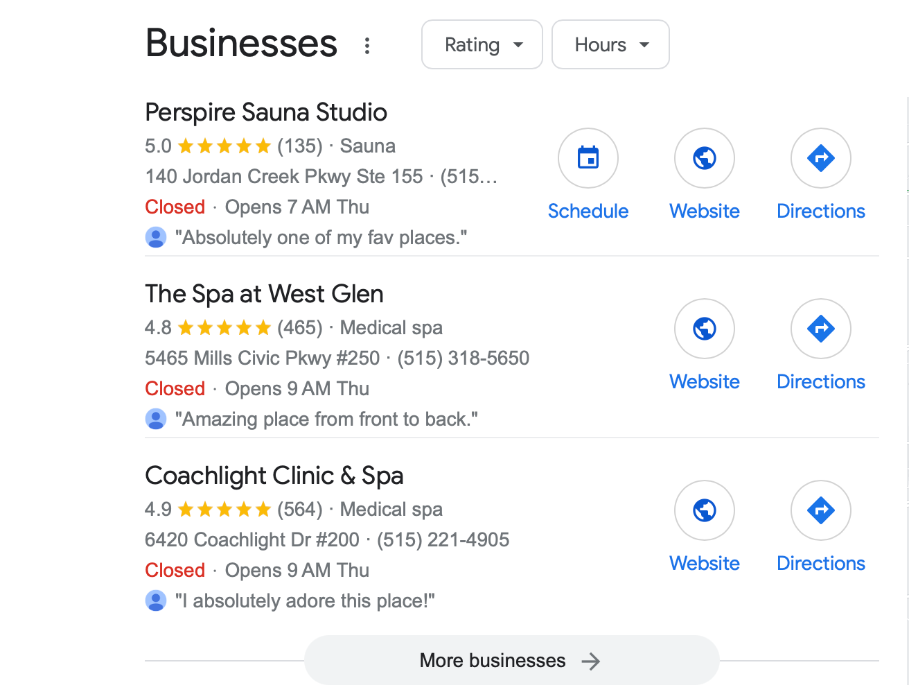 Google Listings for Sauna Business in West Des Moines, Iowa