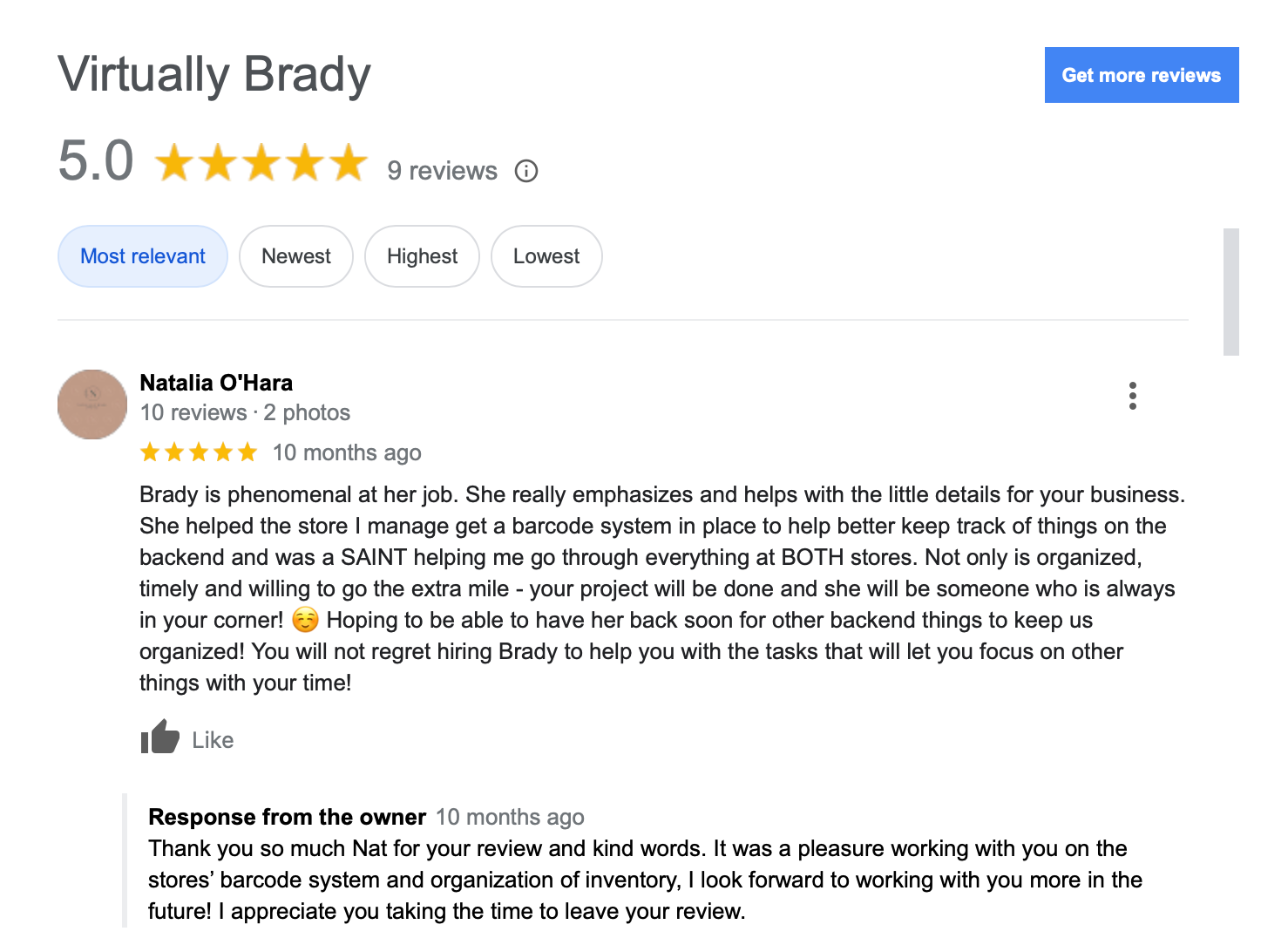 Google Business Listing 5 Star Reviews for Virtually Brady