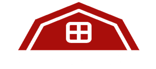 A red barn with a white roof and a window.