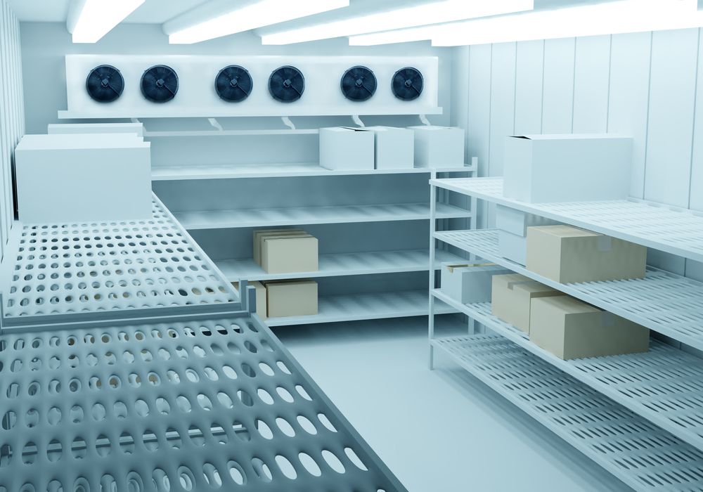 Cold storage room with shelves of boxes, white walls, and ceiling lights.