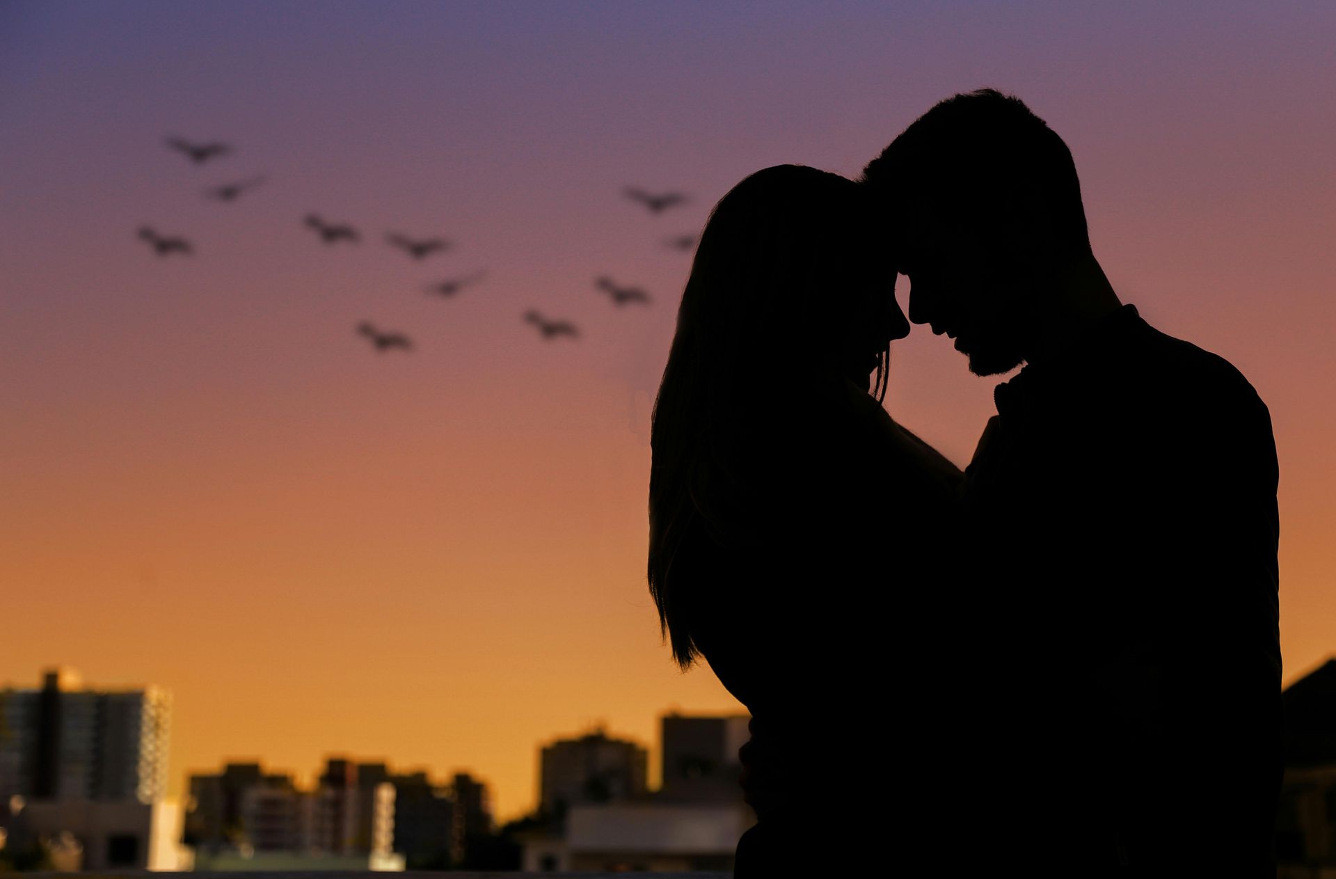 Silhouetted couple embracing at sunset, city skyline and birds in flight.