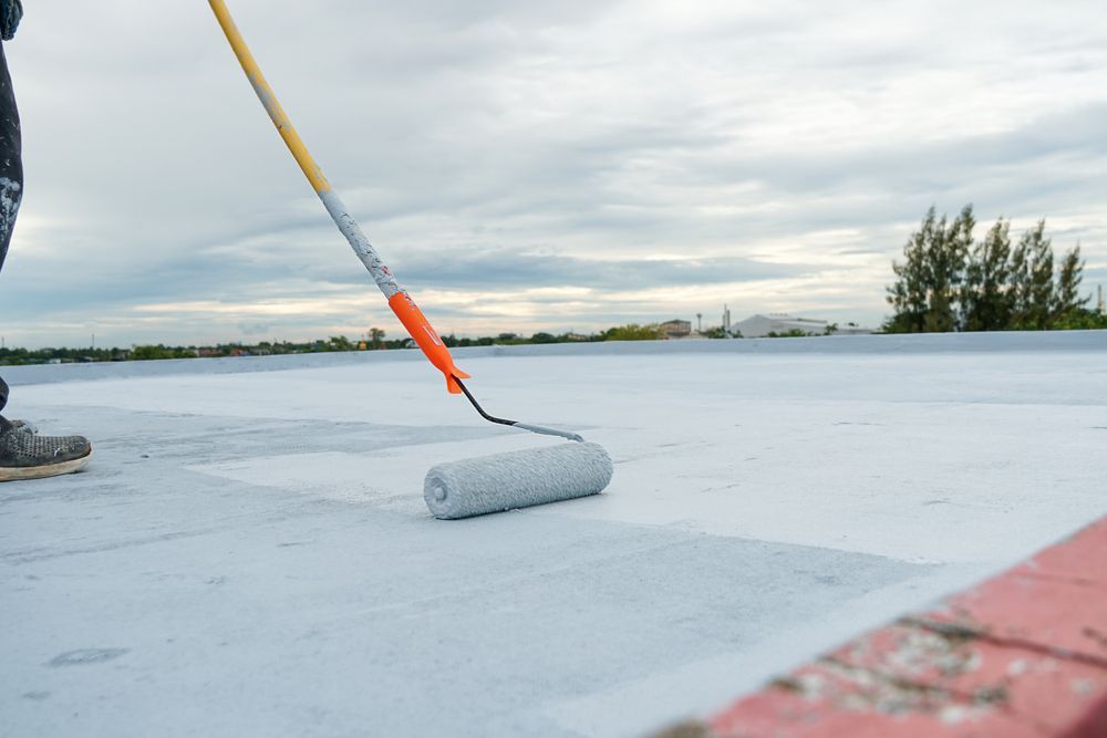 Person Using a Paint Roller to Apply a White Coating to a Flat Roof — Israel Jones Painting in Idalia, QLD
