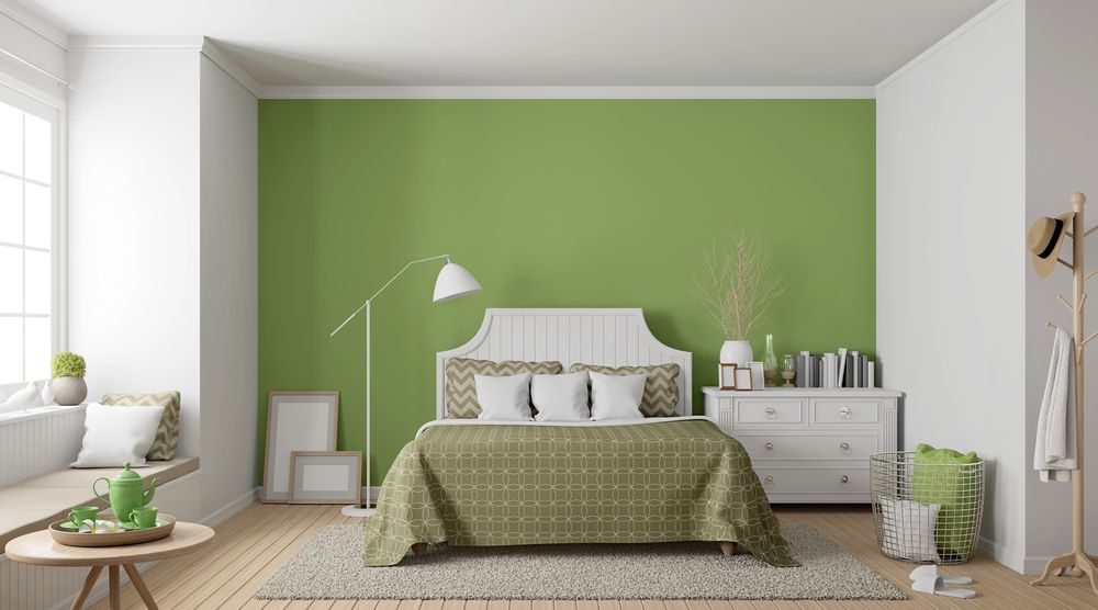 Bedroom With Green Accent Wall, White Furniture, Wooden Floor — Israel Jones Painting in Vincent, QLD