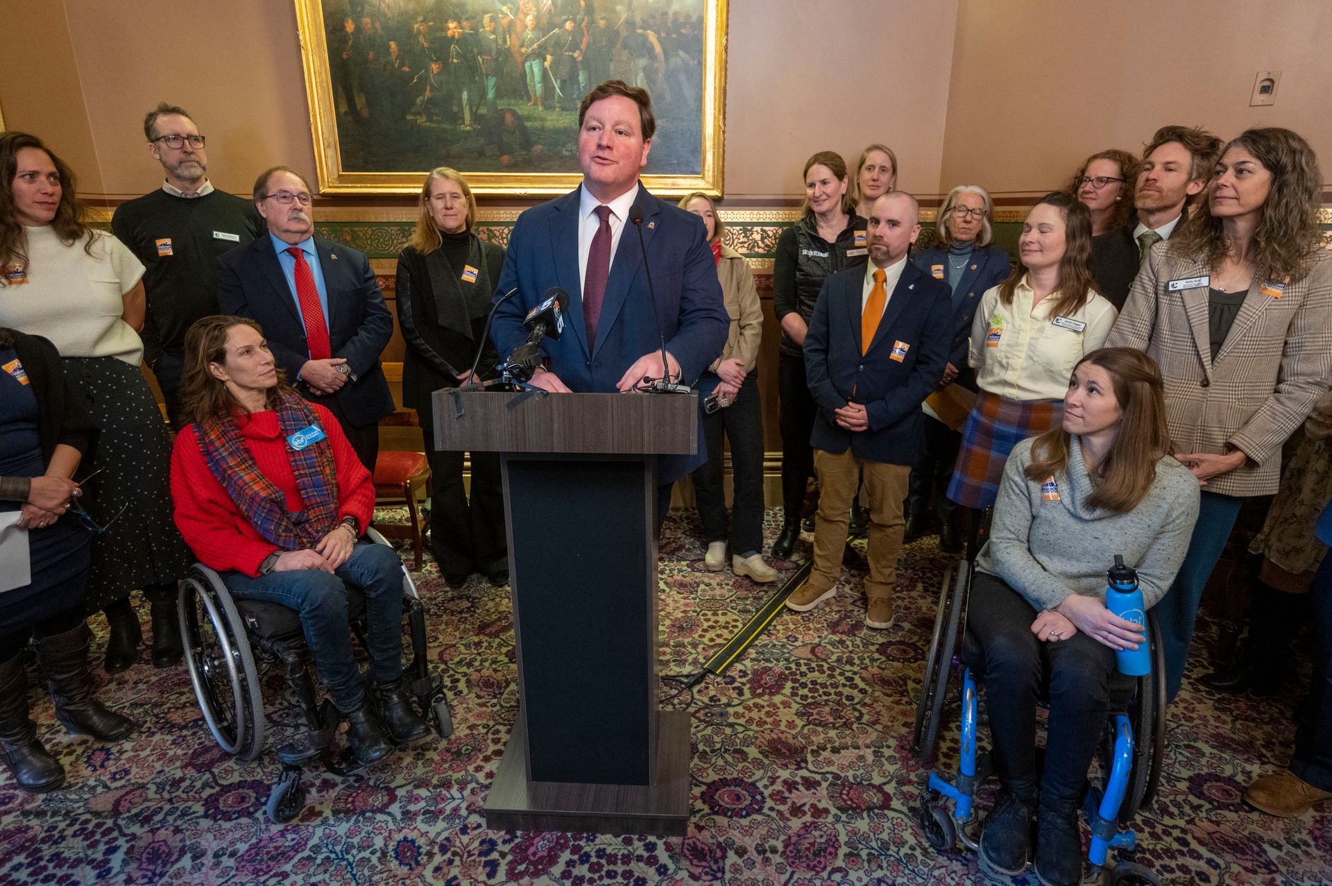 Vermont State Treasurer, Mike Pieciak, speaks at the 2025 Outdoor Recreation Day at the Statehouse