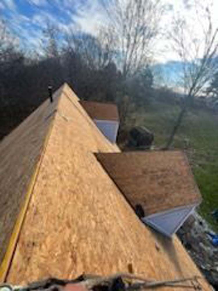 A roof is being built on top of a house.