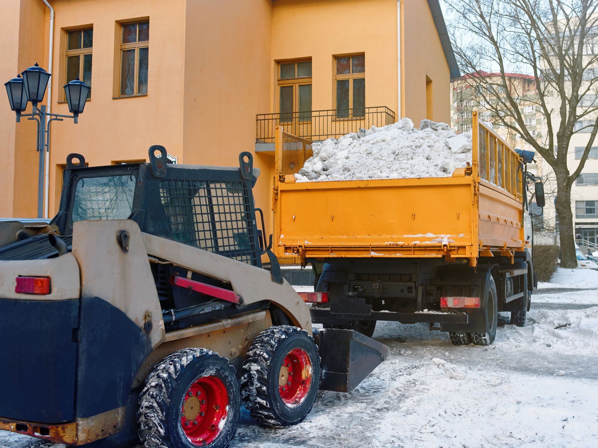 Bobcat loading snow into a yellow dump truck on a snow-covered street. Building in the background.