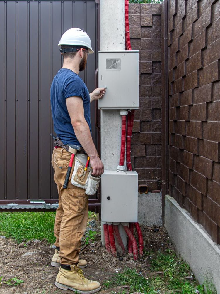 A man in a hard hat is working on an electrical box.
