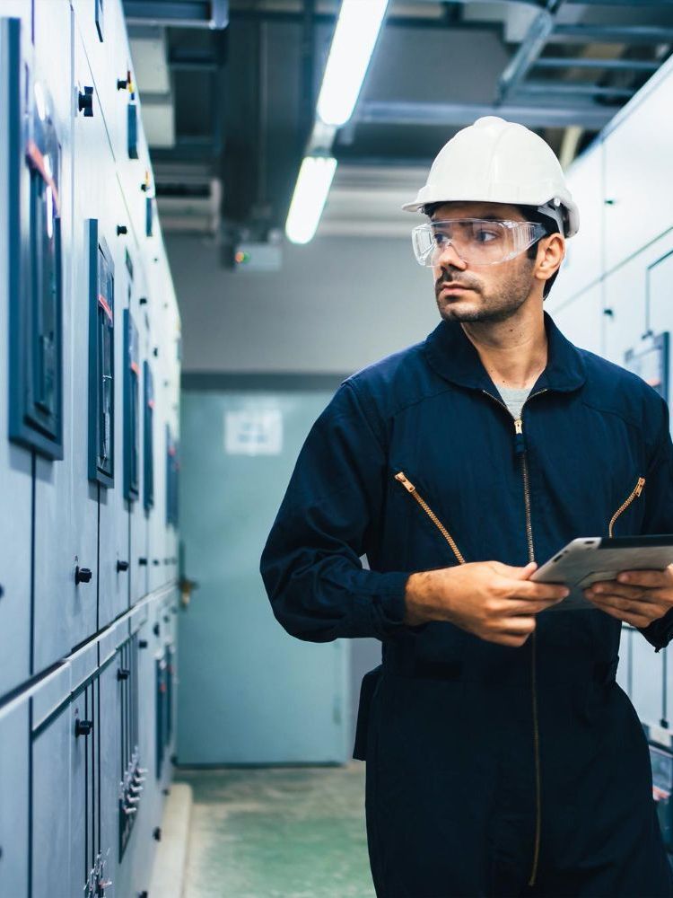 A man in a hard hat is looking at a tablet in a factory.