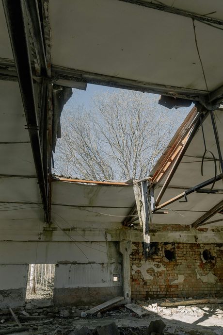 Interior of a dilapidated building with a hole in the roof, revealing a tree and blue sky.