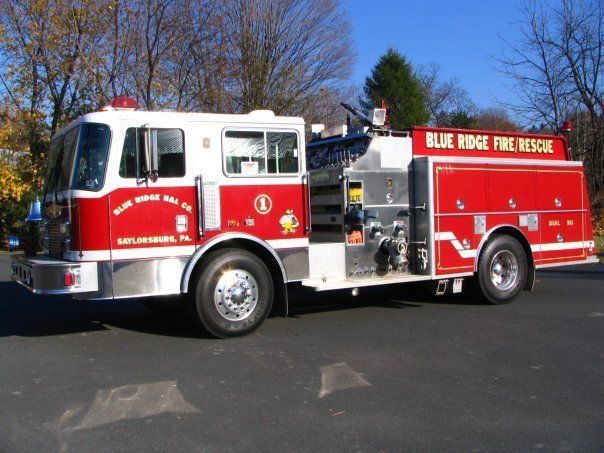 A red and white fire truck from the blue ridge fire rescue