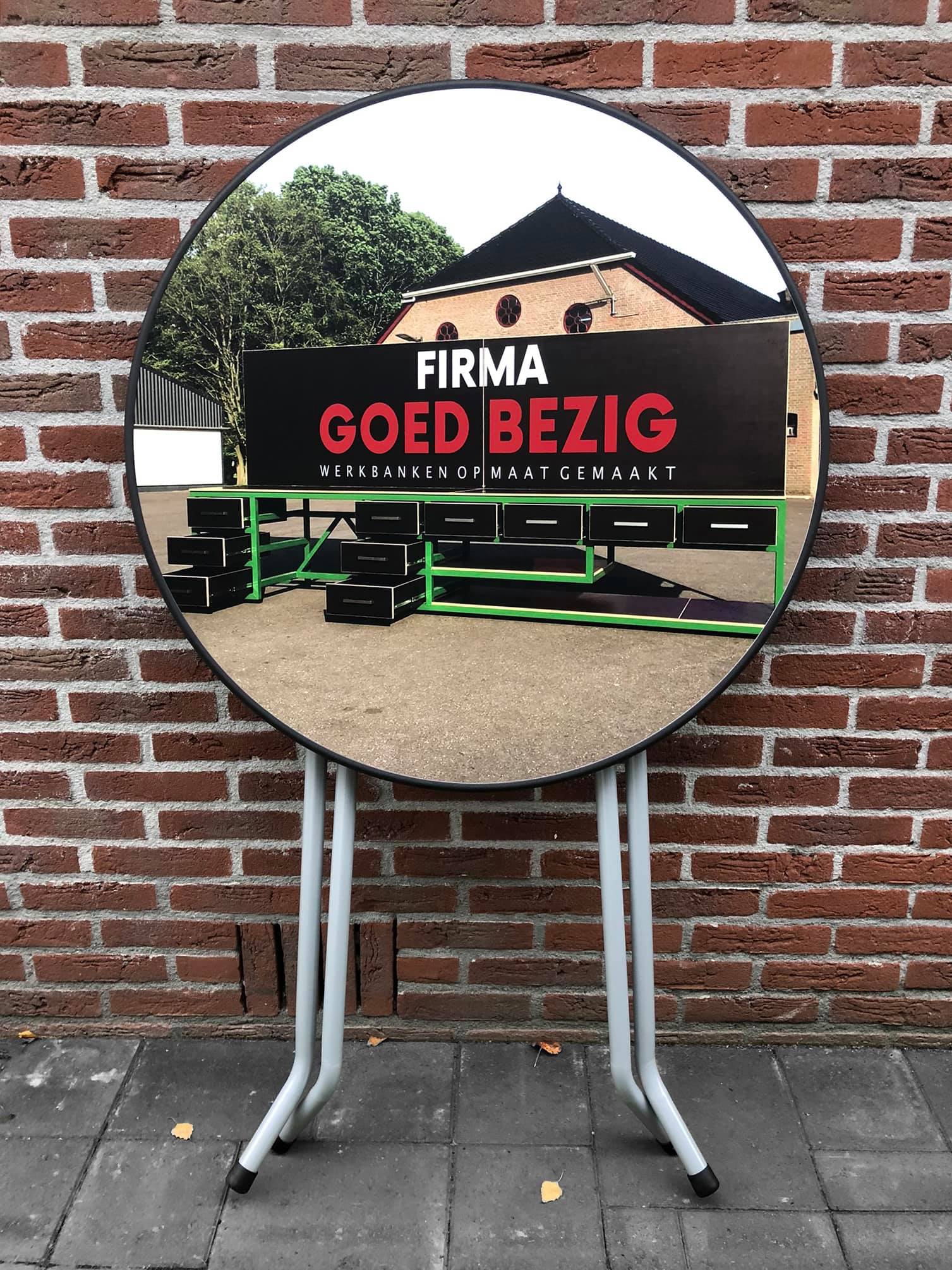 Firma Goedbezig, statafel, sta tafel, statafel met opdruk