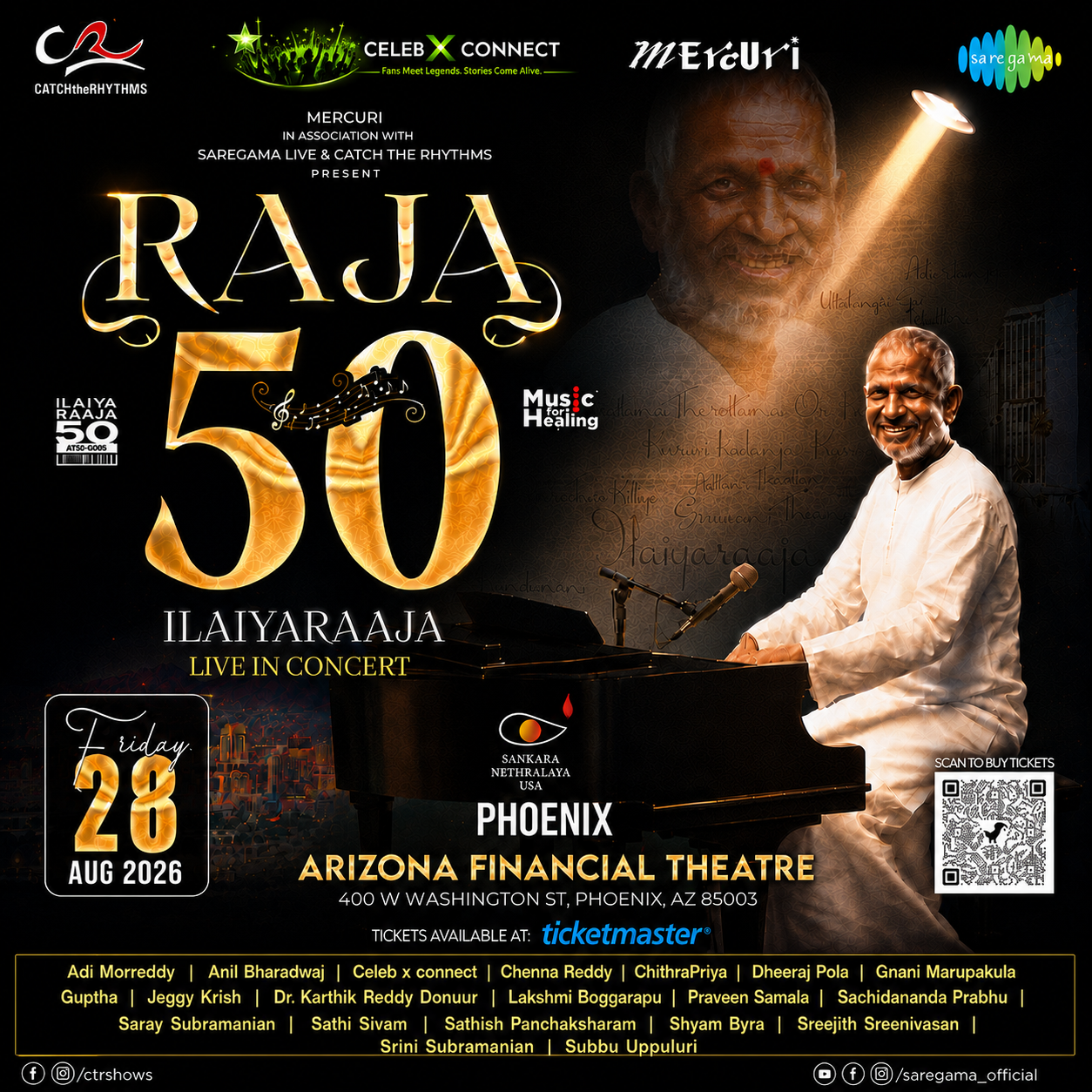 Raja 50 concert poster featuring Ilaiyaraaja at piano, Phoenix Arizona Financial Theatre, Aug 28, 2026