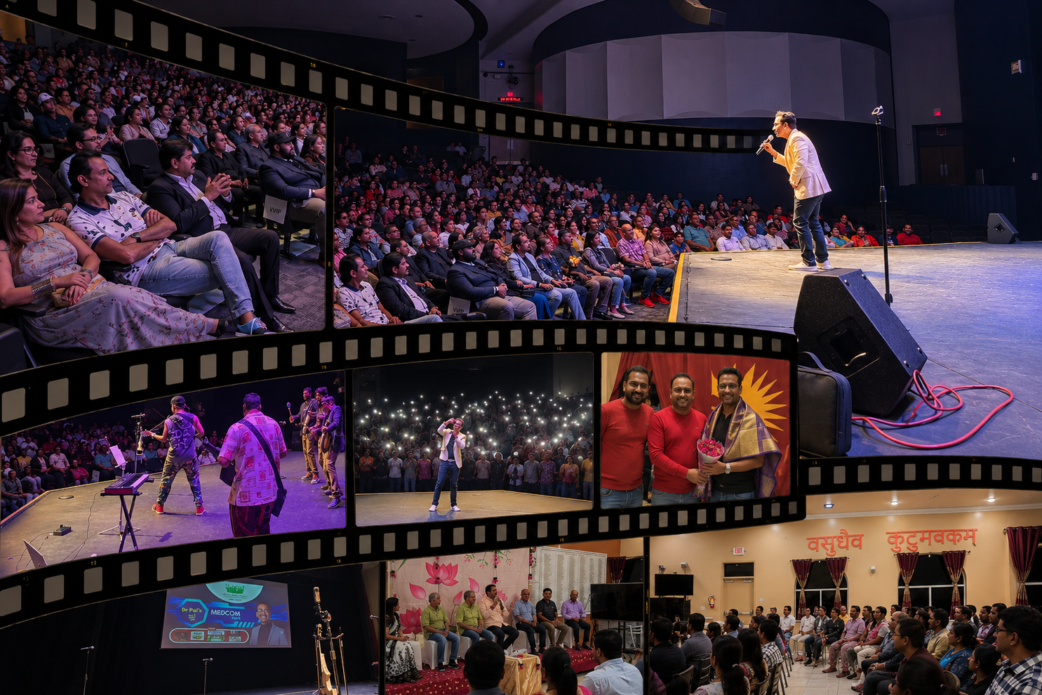 Collage of a live theater event: speaker onstage, audience, and performance scenes in a large auditorium