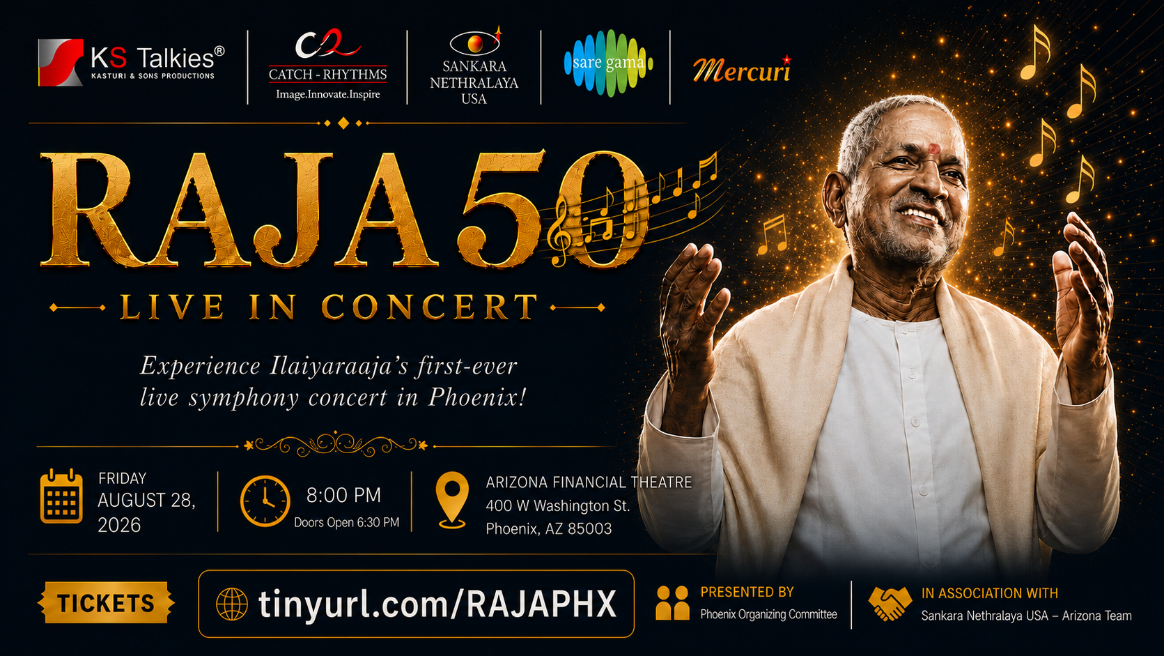 RAJA 50 live concert poster with singer portrait, dark gold theme, event details, and ticket link