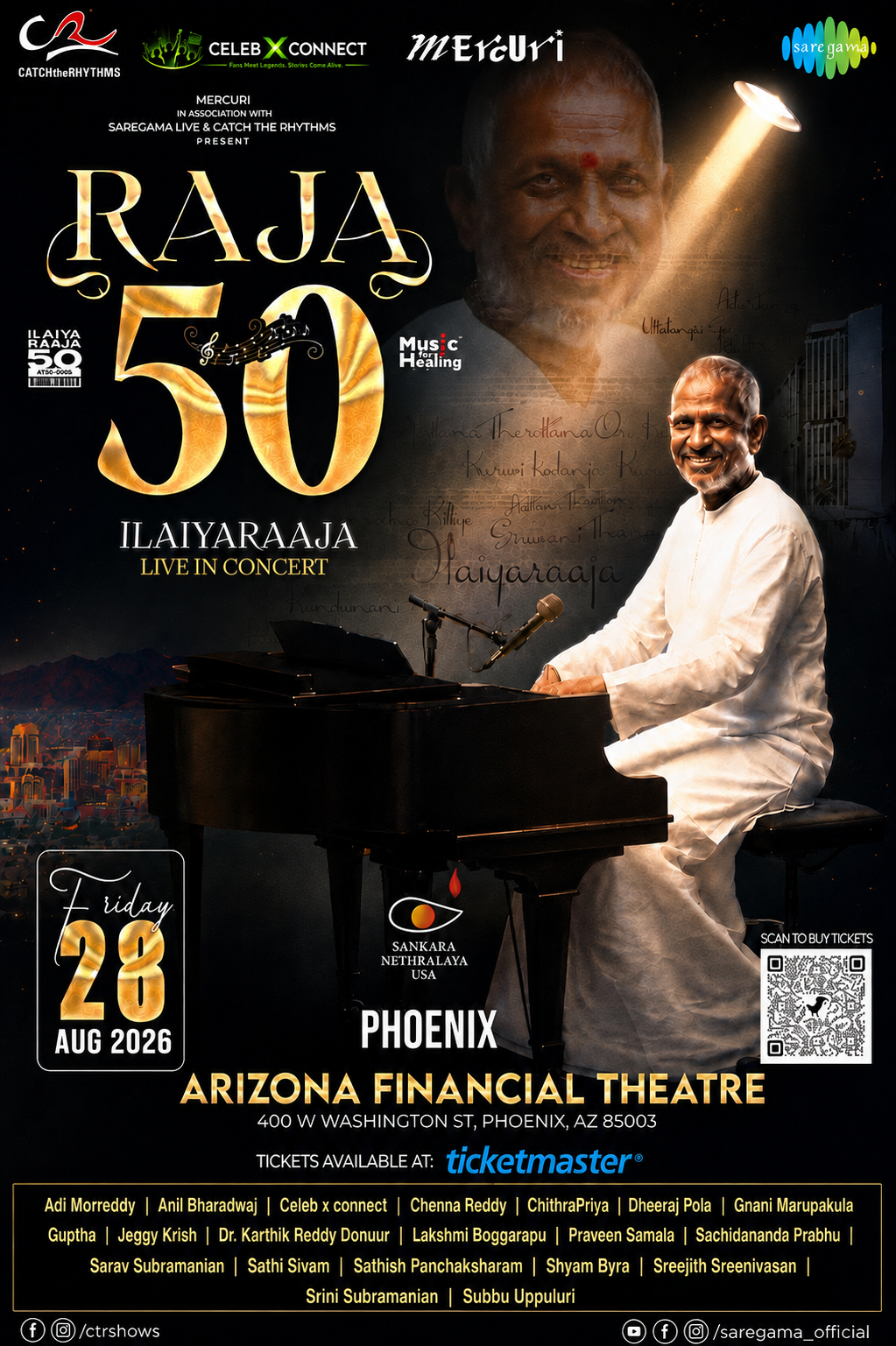 Concert poster for Rajaa 50 with a pianist in white at the Phoenix Arizona Financial Theatre, Aug 28, 2026