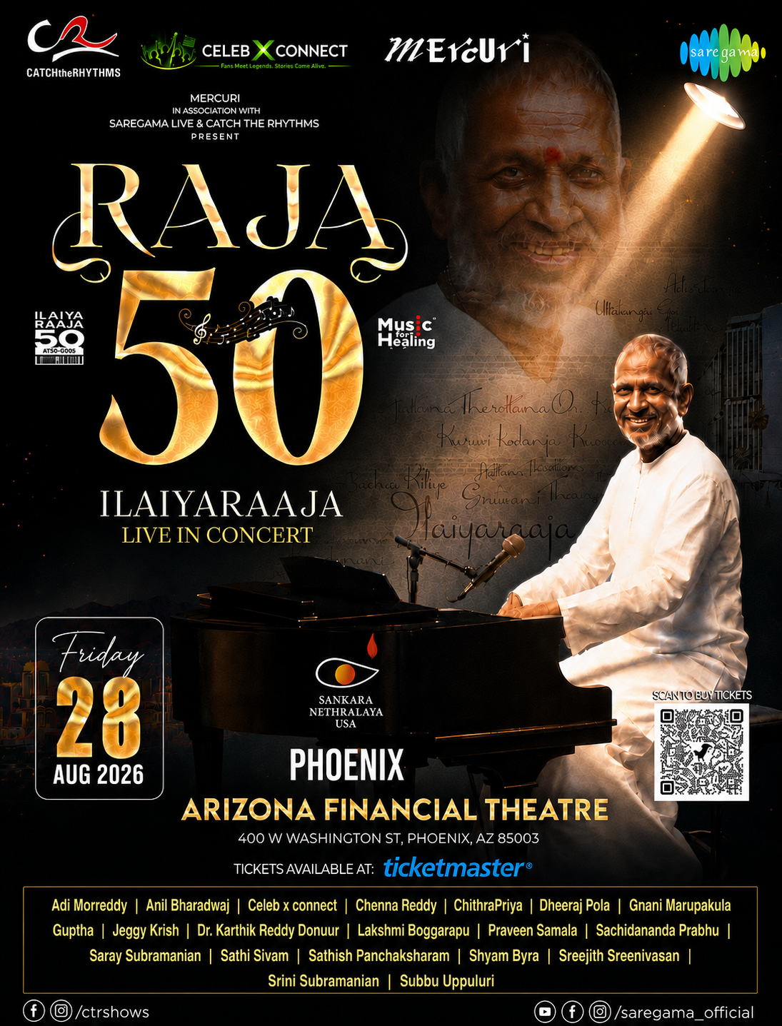 Concert poster for Raja 50 at Phoenix Arizona Financial Theatre, featuring a pianist on stage in white and gold text.