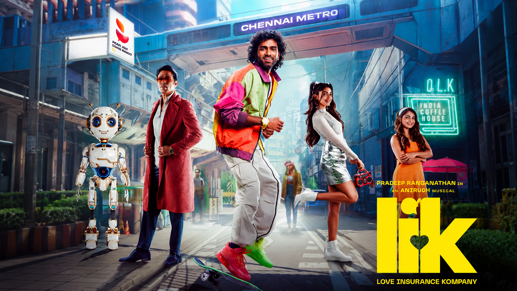 Movie poster of a neon city street with four stylish characters, including a robot, and the title “IK”
