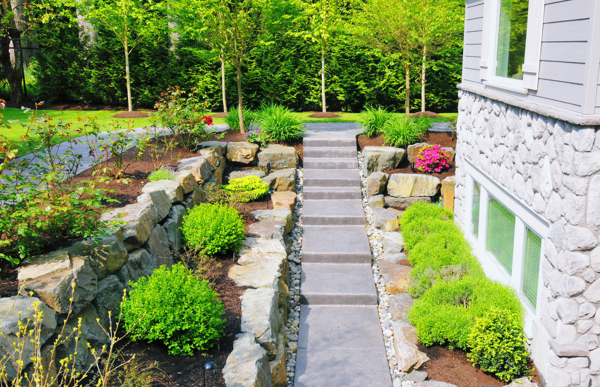 Stone garden path beside a house, bordered by colorful shrubs and greenery