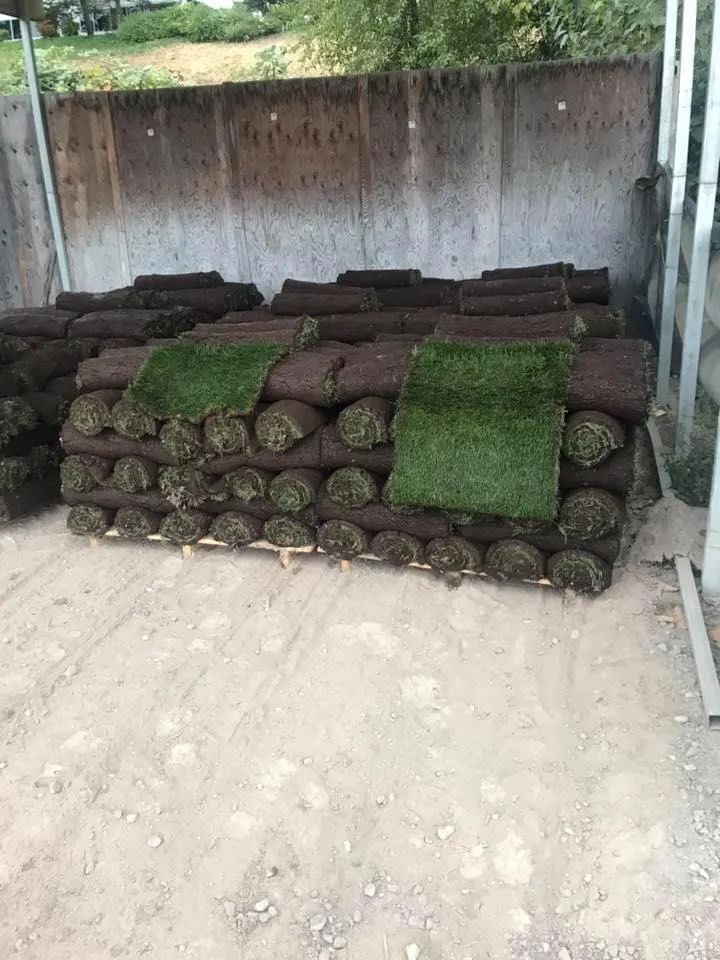 A pile of rolls of grass sitting on top of each other on the ground.