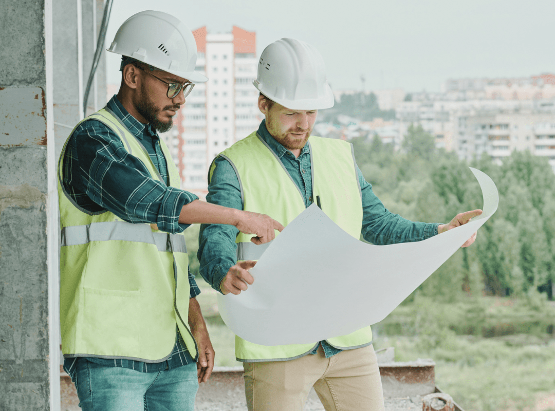 Two Reston Contractor are looking at a blueprint on a construction site.