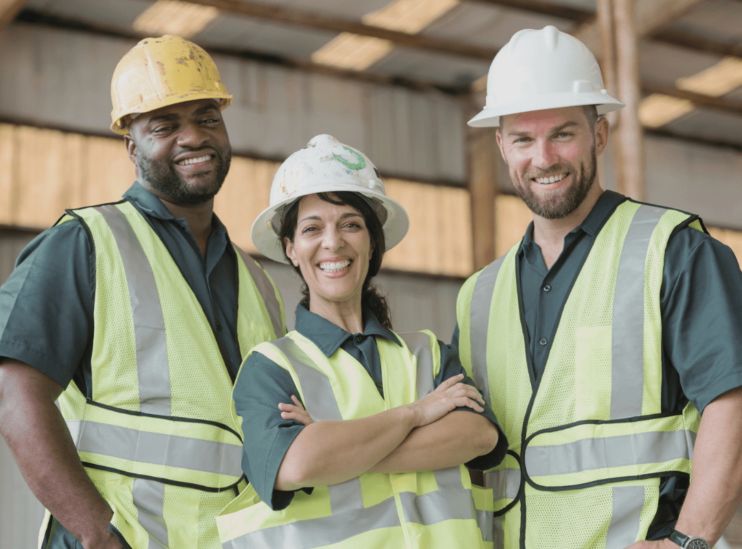 Three construction workers wearing hard hats and safety vests are posing for a picture.