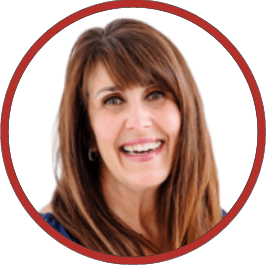 A woman with long brown hair is smiling in a red circle