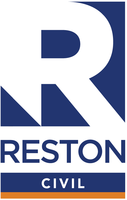 A blue and white logo for reston civil