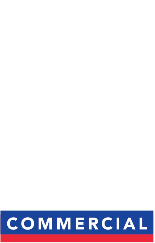 A red , white and blue commercial logo on a white background.