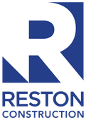 A blue and white logo for reston construction