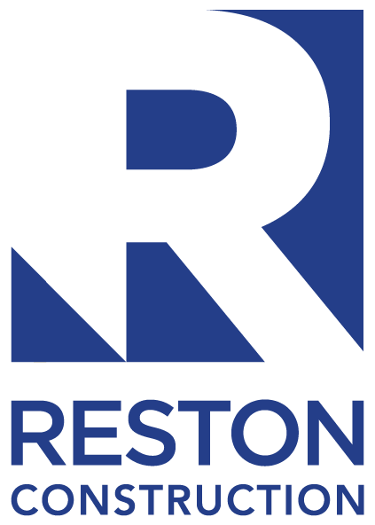 A blue and white logo for reston construction