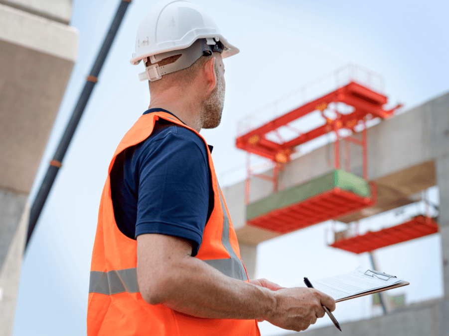 A Reston Contractor is holding a clipboard and looking at a building under construction.