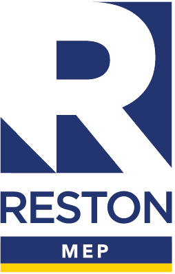 A blue and white logo for reston mep