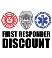 Logo offering a First Responder Discount: Fire Dept., Police badge, and EMS symbols.