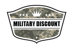 Military discount badge with digital camouflage background. Text: