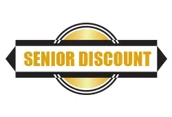 Senior discount emblem with gold and black text on white background.