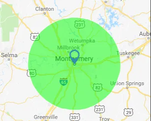 Map centered on Montgomery, Alabama, with a green circle indicating a radius around the city.