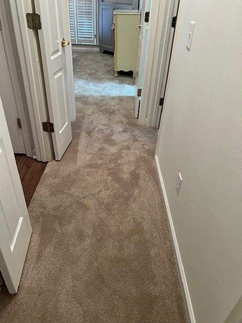 Hallway with beige carpet, white doors and walls, leading to a bedroom.