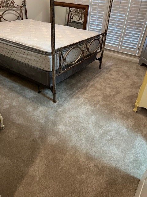 Bedroom with ornate metal bed, white mattress, and tan carpet.