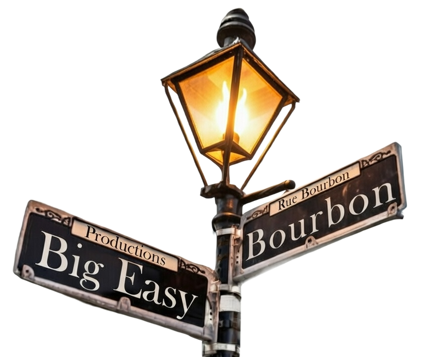 A black and white logo for big easy productions.