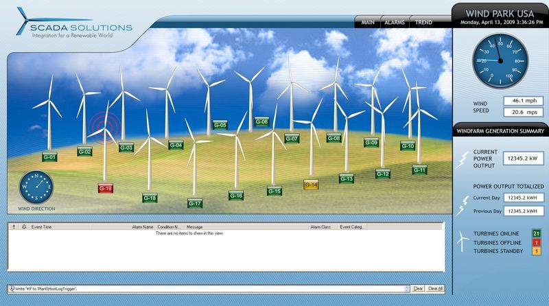 a computer screen showing wind turbines and a clock