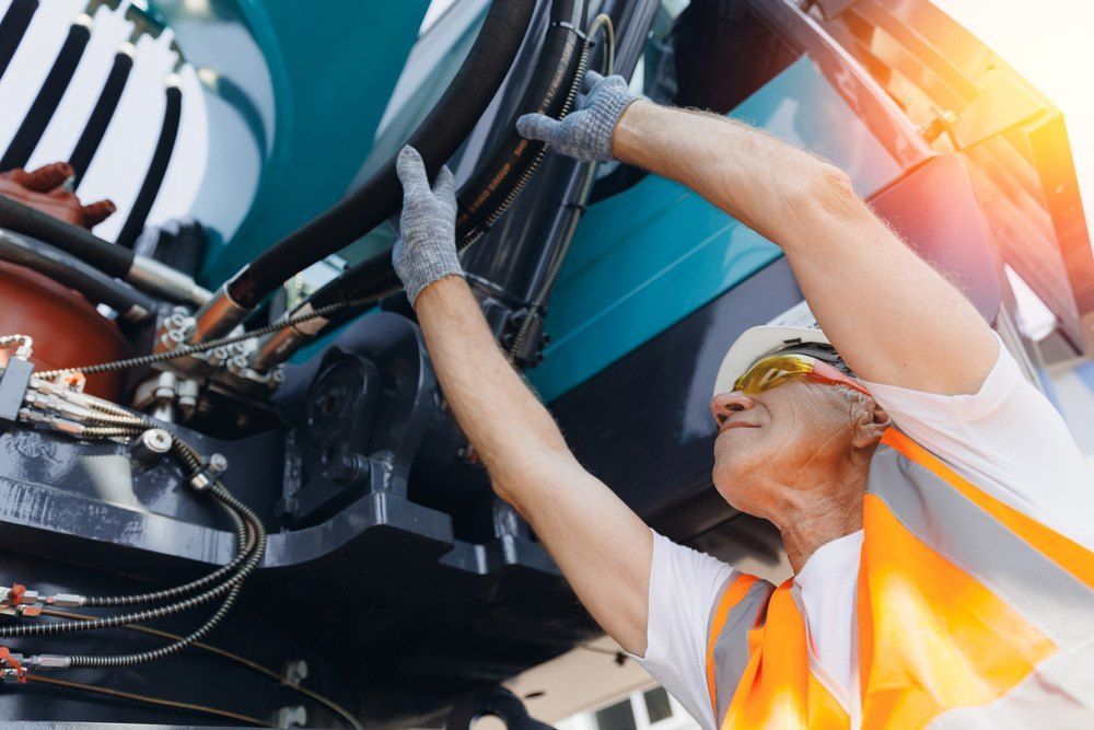 A Worker Inspects the Underside of a Teal Piece of Heavy Machinery — AWE Engineering in South Lismore, NSW
